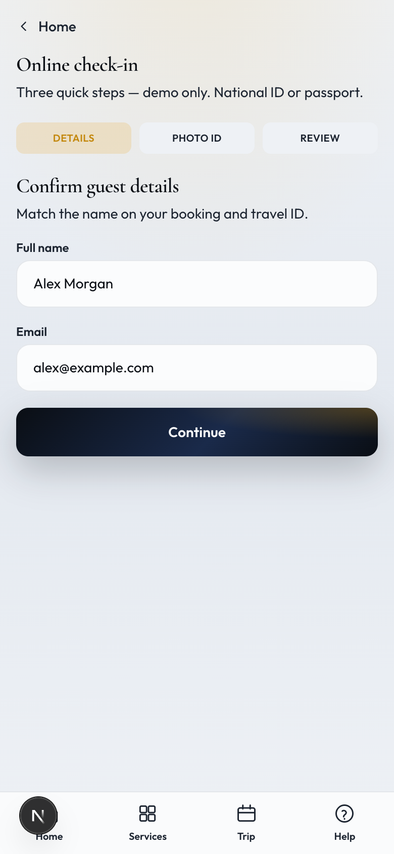 Online check-in verification on guest phone
