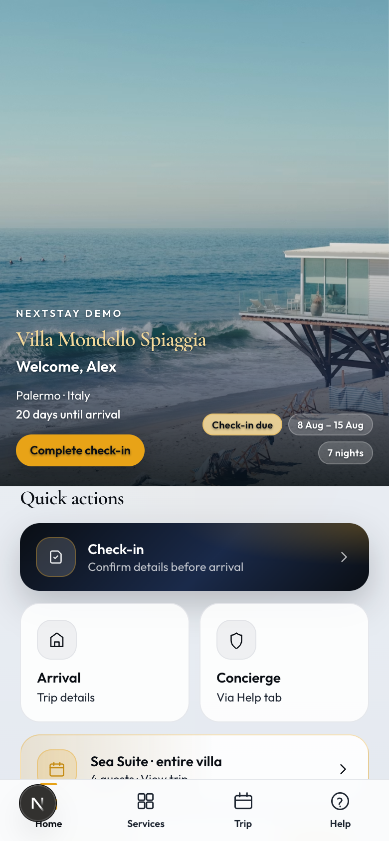 NextStay guest dashboard — Villa Mondello stay hub